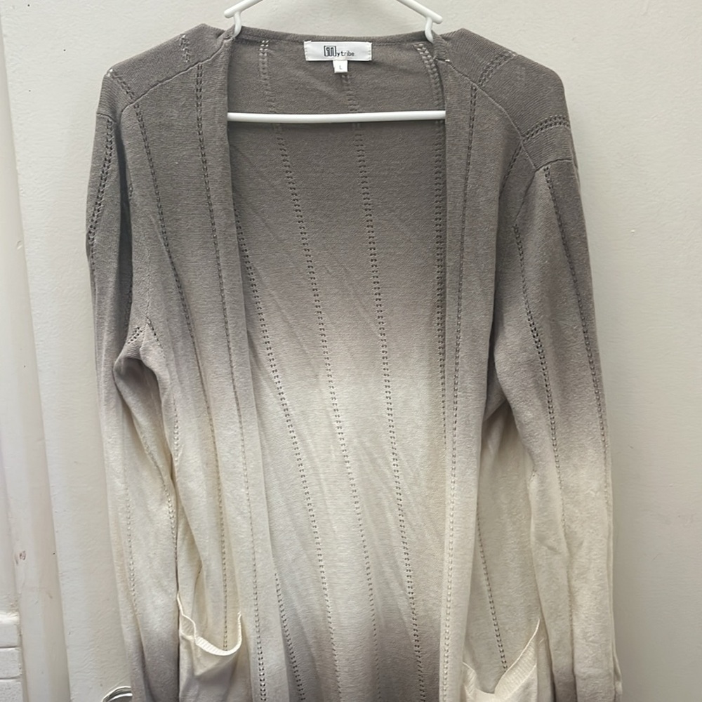My Tribe Long Open Front With Pockets Ombré Cardigan Size Large - Picture 14 of 15